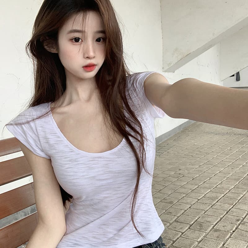 실사 170 그램 대나무 마디 면 반팔 티셔츠 여름 2026 한국 스타일 여성 의류 단색 몸매 가꾸기 긍정적 인 어깨 쇼트 스타일 라운드 넥 맨위