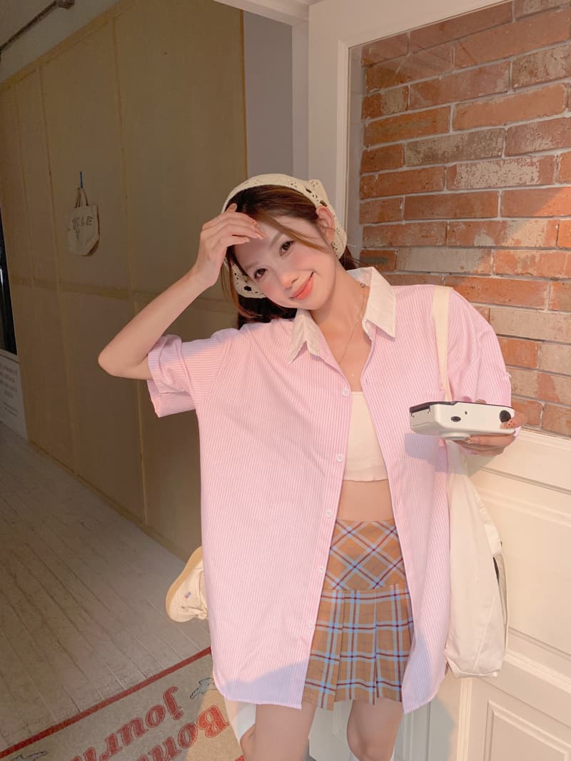 레트로 패치워크 핑크색 스트라이프 반팔 여성 셔츠 학원 스타일 작은 키 루즈핏 여름 POLO 칼라 맨위 상세 이미지 15