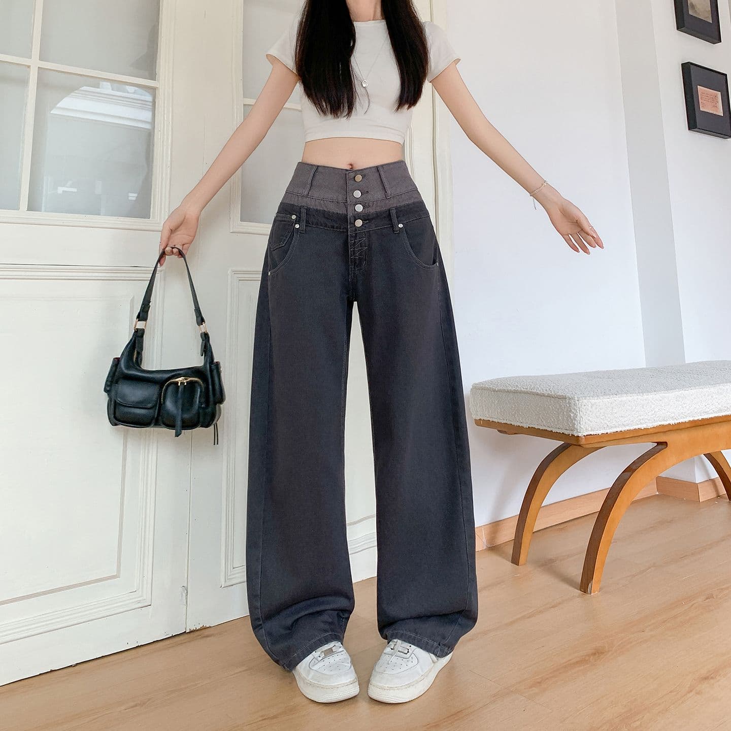 실사 정가 디자인 센스 패치워크 허리 머리 스트레이트 청바지 여성 여름 새로운 핫걸 알파벳 캐주얼 바지 이미지 3