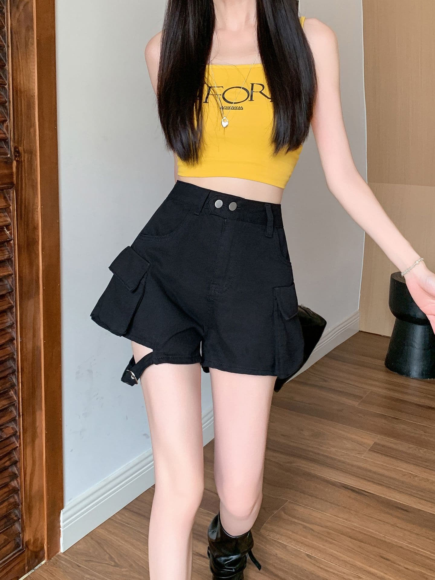 실사 정가 검정색 데님 반바지 여성 여름 외출용 하이웨이스트 슬림해 보이는 핫걸 부츠 팬츠 워크웨어 캐주얼 핫 바지 상세 이미지 31