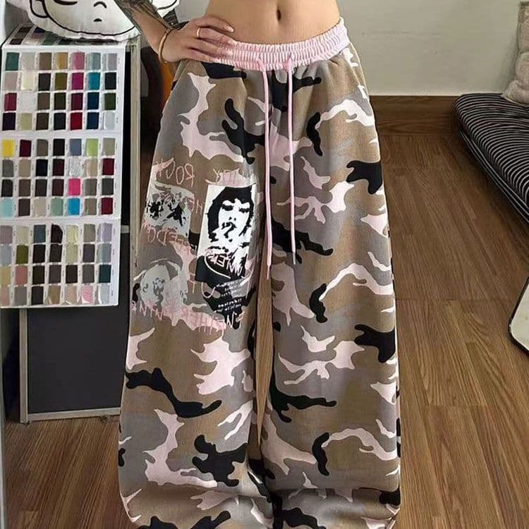 좋은 품질 원본 올린 사람 : 에디션 카모플라주 배색 모통이 칼 넓은 다리 웨이 바지 봄 여름 핫걸 춤추기 펌프 로프 바닥 청소 바지