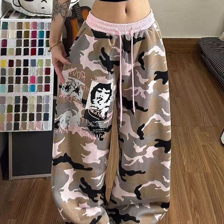 좋은 품질 원본 올린 사람 : 에디션 카모플라주 배색 모통이 칼 넓은 다리 웨이 바지 봄 여름 핫걸 춤추기 펌프 로프 바닥 청소 바지 이미지 3