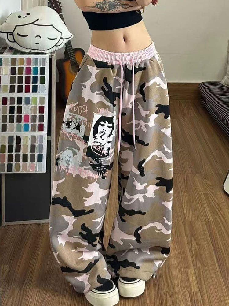 좋은 품질 원본 올린 사람 : 에디션 카모플라주 배색 모통이 칼 넓은 다리 웨이 바지 봄 여름 핫걸 춤추기 펌프 로프 바닥 청소 바지 상세 이미지 4