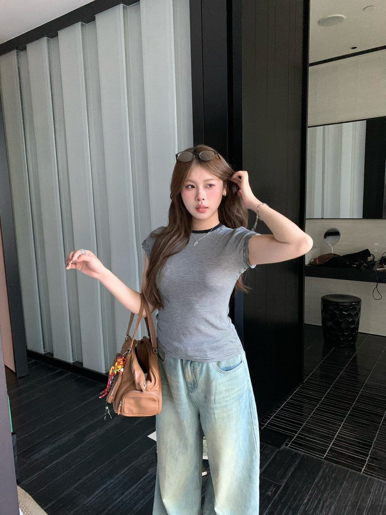 원본 컬러 짜임 기사 주간 실크 양모 핀 스트라이프 라운드 넥 반팔 몸매 가꾸기 긍정적 인 어깨 슬림해 보이는 티셔츠 상세 이미지 14