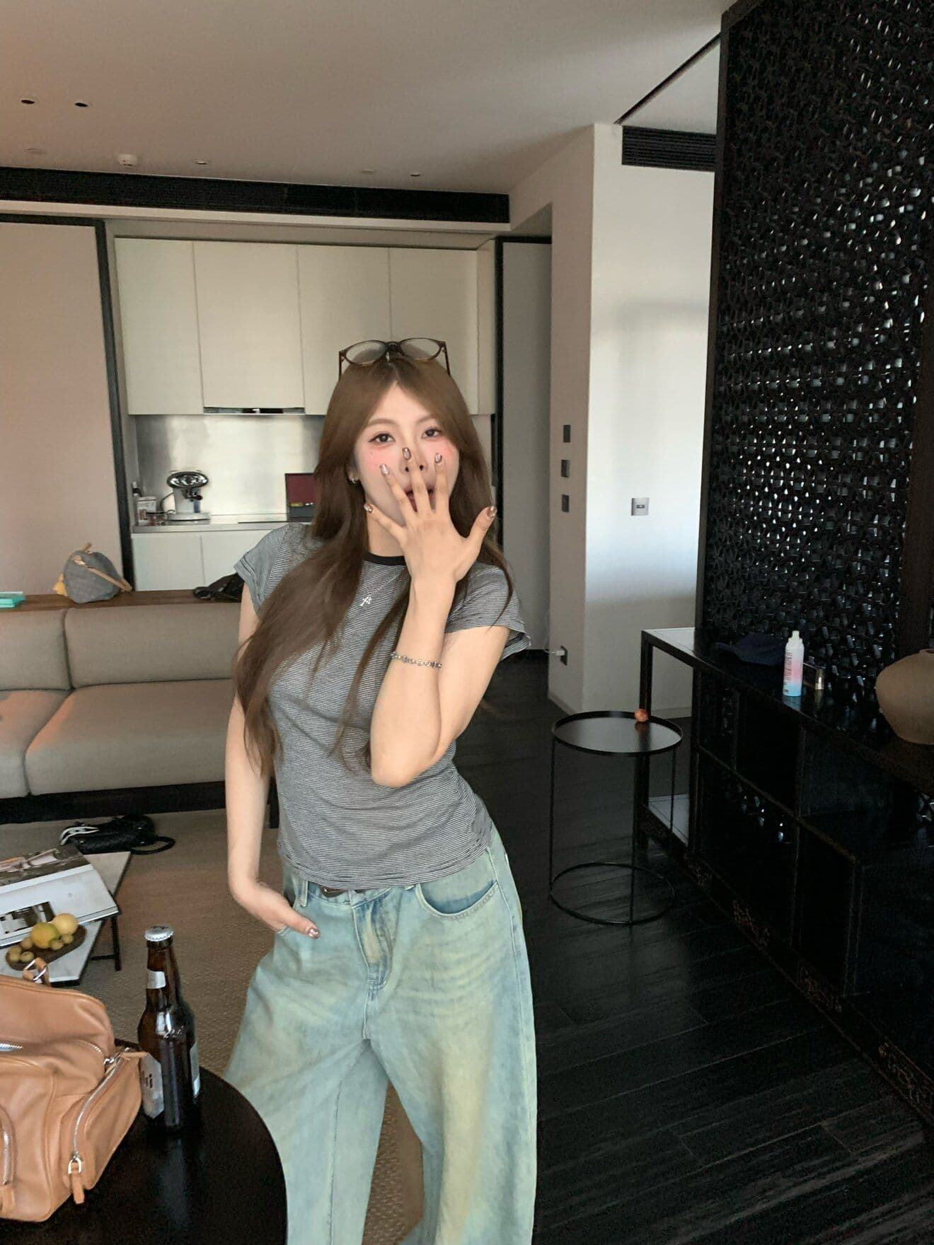 원본 컬러 짜임 기사 주간 실크 양모 핀 스트라이프 라운드 넥 반팔 몸매 가꾸기 긍정적 인 어깨 슬림해 보이는 티셔츠 상세 이미지 16