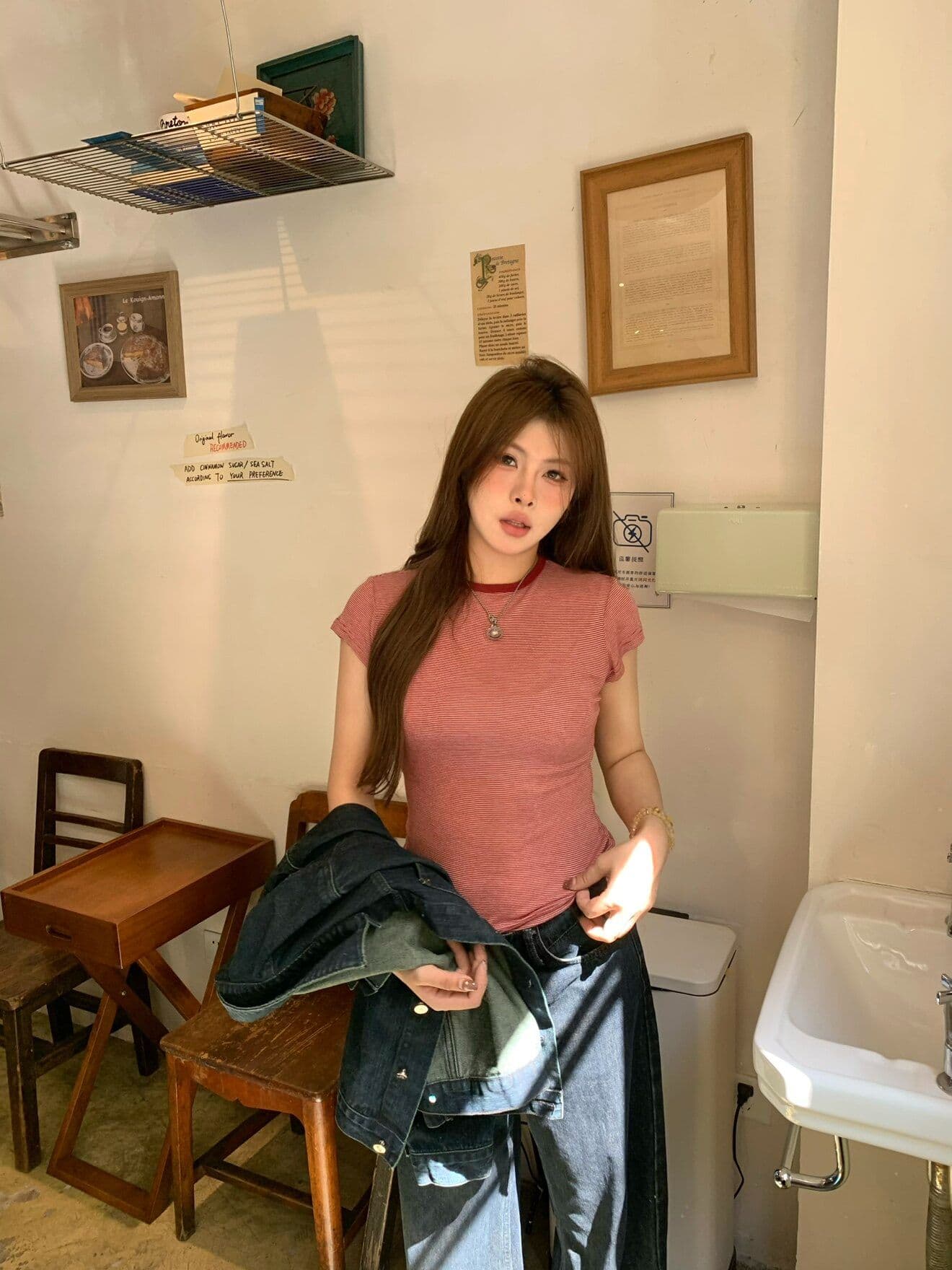 원본 컬러 짜임 기사 주간 실크 양모 핀 스트라이프 라운드 넥 반팔 몸매 가꾸기 긍정적 인 어깨 슬림해 보이는 티셔츠 상세 이미지 18