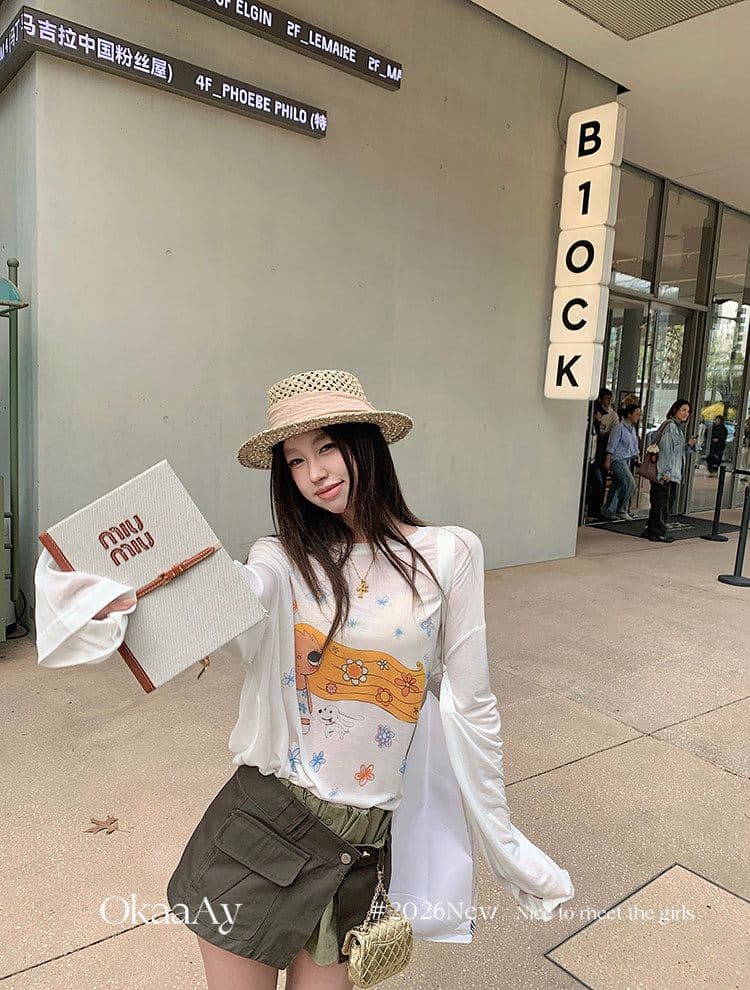 원본 라이 경기 서울 주간 실크 여름 재미있는 프린트 자외선 차단 티셔츠 여성 루즈핏 얇은 스타일 긴팔 맨위 블라우스 상세 이미지 12