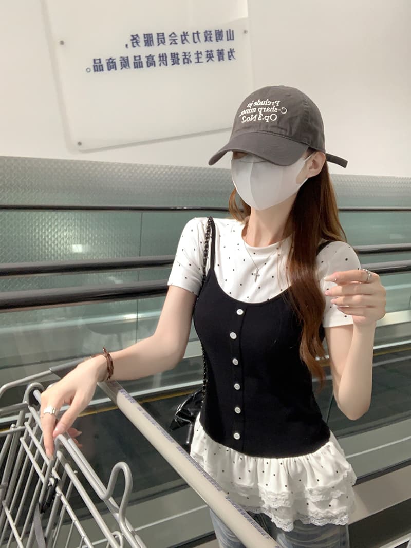 실사 반팔 티셔츠 여성 의류 여름 새로운 트렌디 몸매 가꾸기 레이스 밑단 도트 무늬 페이크 레이어드 라운드 넥 맨위 이미지 5