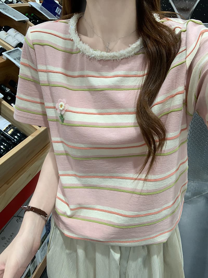 실사 240 그램 자카드 스트라이프 반팔 티셔츠 여성 의류 여름 새로운 디자인 센스 자수 스트라이프 라운드 넥 맨위 상세 이미지 14