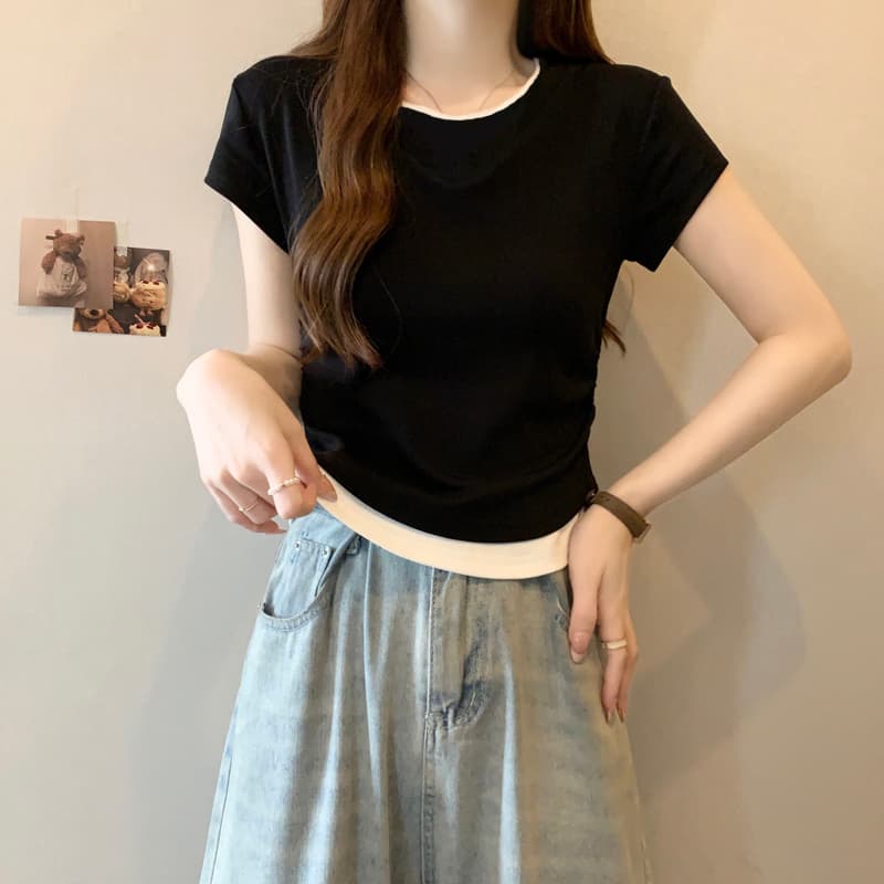 실사 라운드 넥 페이크 레이어드 반팔 티셔츠 여성 여름 한국 스타일 몸매 가꾸기 슬림해 보이는 쇼트 스타일 만나는 맨위 작은 셔츠 이미지 2