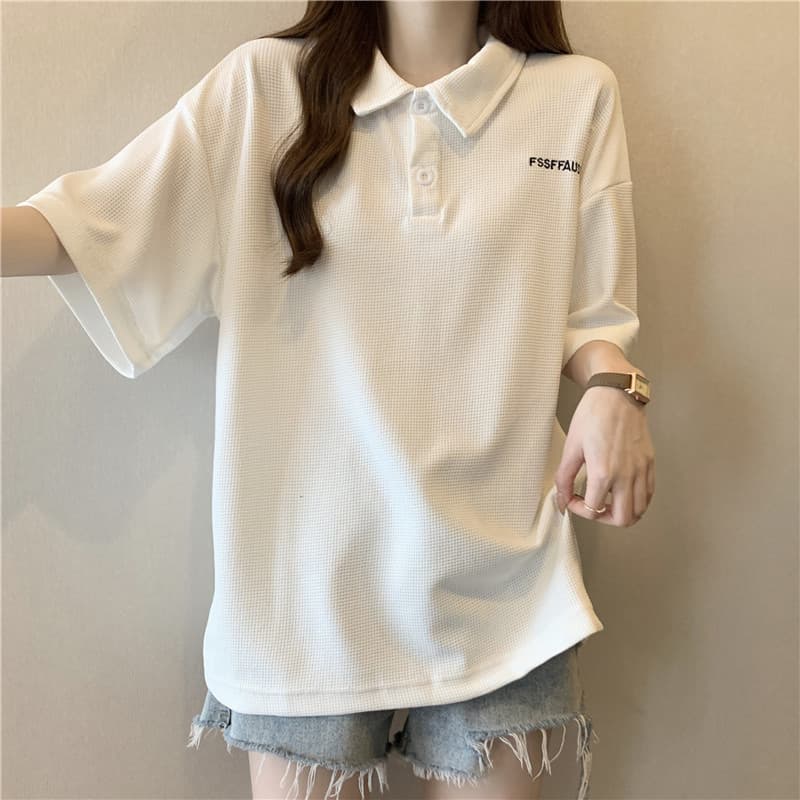 실사 후아 남편 그리드 POLO 칼라 반팔 티셔츠 여성 여름 드레스 루즈핏 반소매 티셔츠 한 부서 chic Chic 맨위 상세 이미지 3