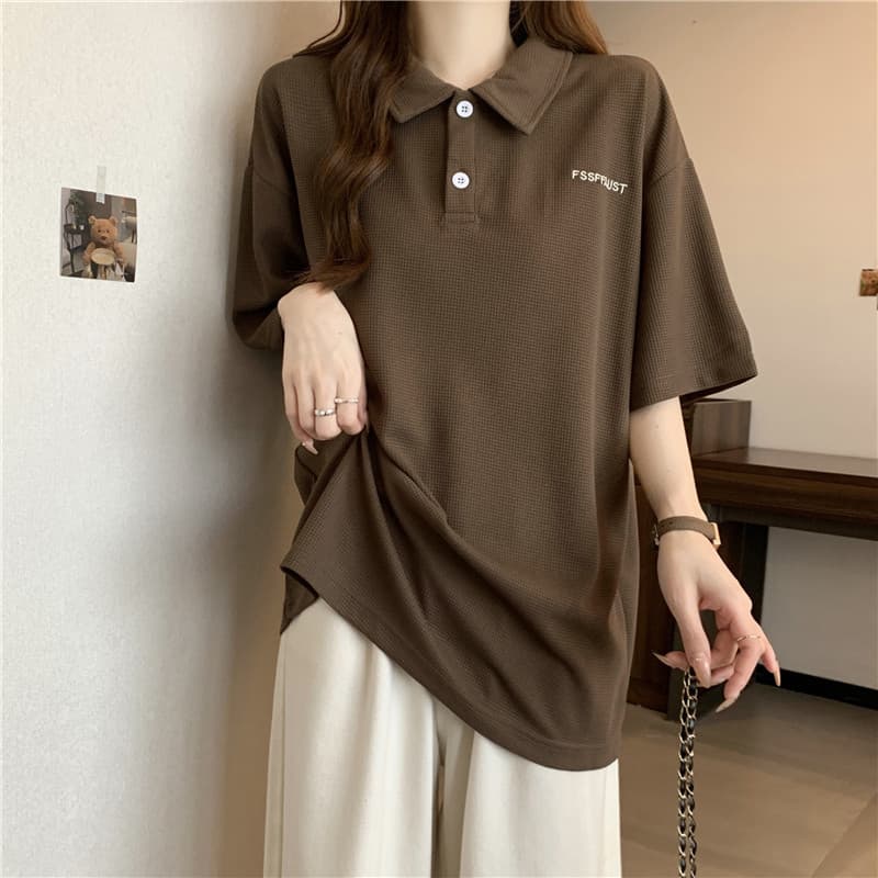 실사 후아 남편 그리드 POLO 칼라 반팔 티셔츠 여성 여름 드레스 루즈핏 반소매 티셔츠 한 부서 chic Chic 맨위 상세 이미지 4