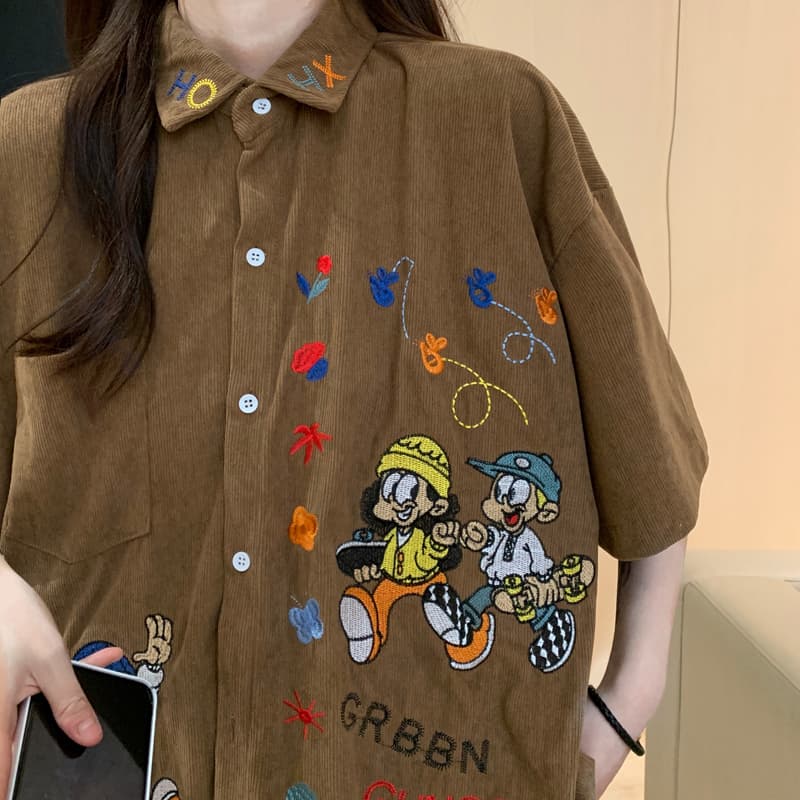 실사 레트로 무거운 작업 자수 코듀로이 반팔 셔츠 여름 커플 루즈핏 느긋한 바람 캐주얼 셔츠 오픈 가디건 상세 이미지 7