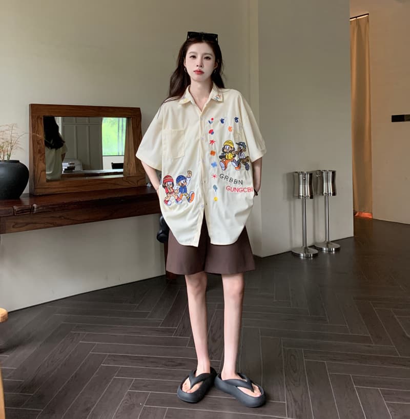 실사 레트로 무거운 작업 자수 코듀로이 반팔 셔츠 여름 커플 루즈핏 느긋한 바람 캐주얼 셔츠 오픈 가디건 상세 이미지 9
