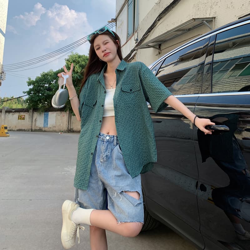 실사 레트로 막대기 가방 격자 무늬 셔츠 여름 얇은 스타일 여성 루즈핏 다용도 셔츠 반팔 소년 센스 오픈 가디건 맨위 이미지 2