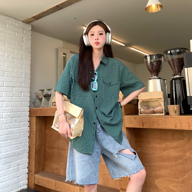 실사 레트로 막대기 가방 격자 무늬 셔츠 여름 얇은 스타일 여성 루즈핏 다용도 셔츠 반팔 소년 센스 오픈 가디건 맨위 상세 이미지 5