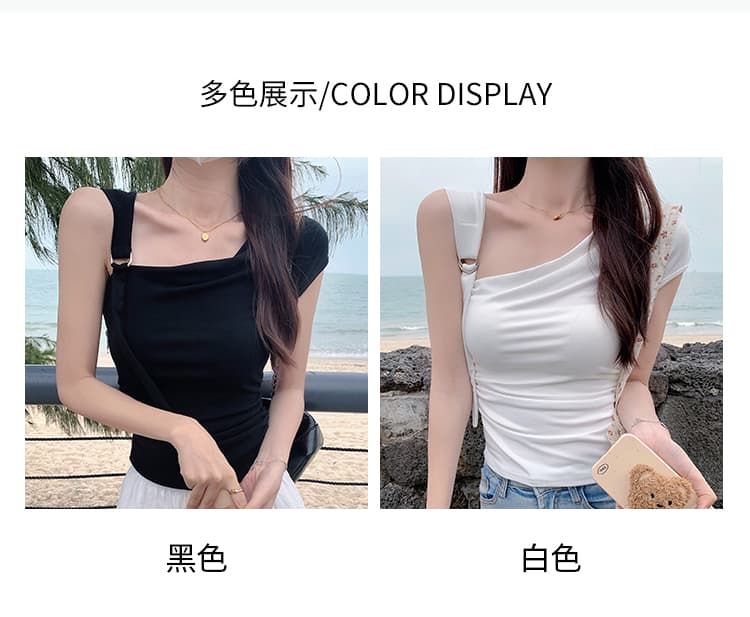 실사 1 1 리브 210 그램 반팔 티셔츠 2026 여름 트렌디 비스듬한 칼라 오프숄더 몸매 가꾸기 단색 한국 스타일 여성 의류 맨위 상세 이미지 7