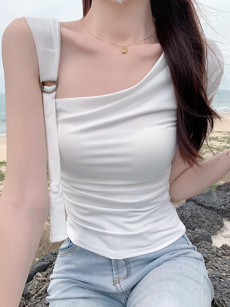 실사 1 1 리브 210 그램 반팔 티셔츠 2026 여름 트렌디 비스듬한 칼라 오프숄더 몸매 가꾸기 단색 한국 스타일 여성 의류 맨위 상세 이미지 14