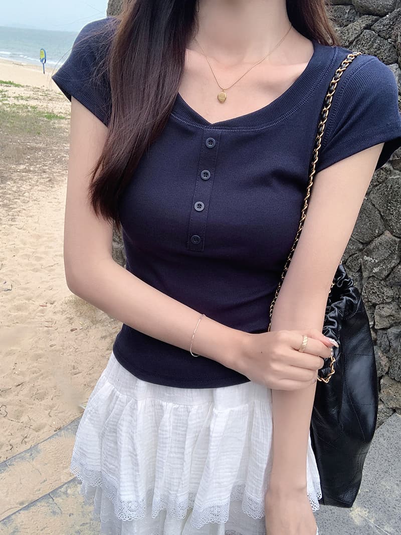 실사 2 2 모달 260 그램 반팔 티셔츠 2026 여름 단추 몸매 가꾸기 긍정적 인 어깨 라운드 넥 단색 여성 의류 맨위 상세 이미지 25