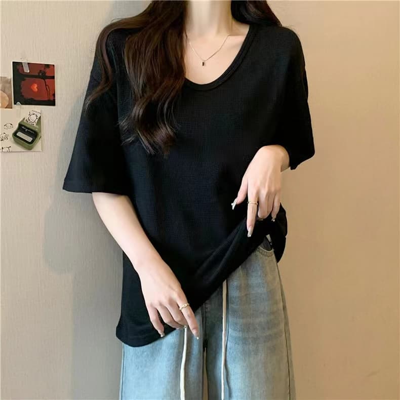 실사 후아 남편 그리드 V넥 반팔 티셔츠 여성 상세 이미지 19