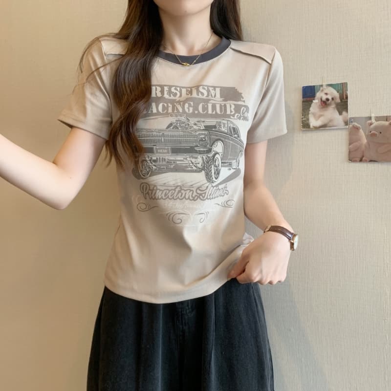 실사 정가 40 순면 210 그램 92 면 8 암모니아 Lun 반팔 티셔츠 여성 프린트 배색