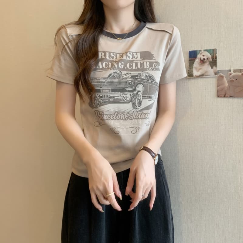 실사 정가 40 순면 210 그램 92 면 8 암모니아 Lun 반팔 티셔츠 여성 프린트 배색 상세 이미지 9