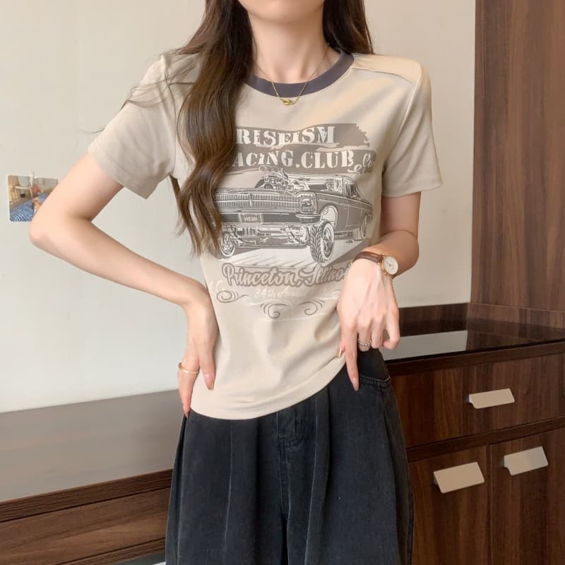실사 정가 40 순면 210 그램 92 면 8 암모니아 Lun 반팔 티셔츠 여성 프린트 배색 상세 이미지 14