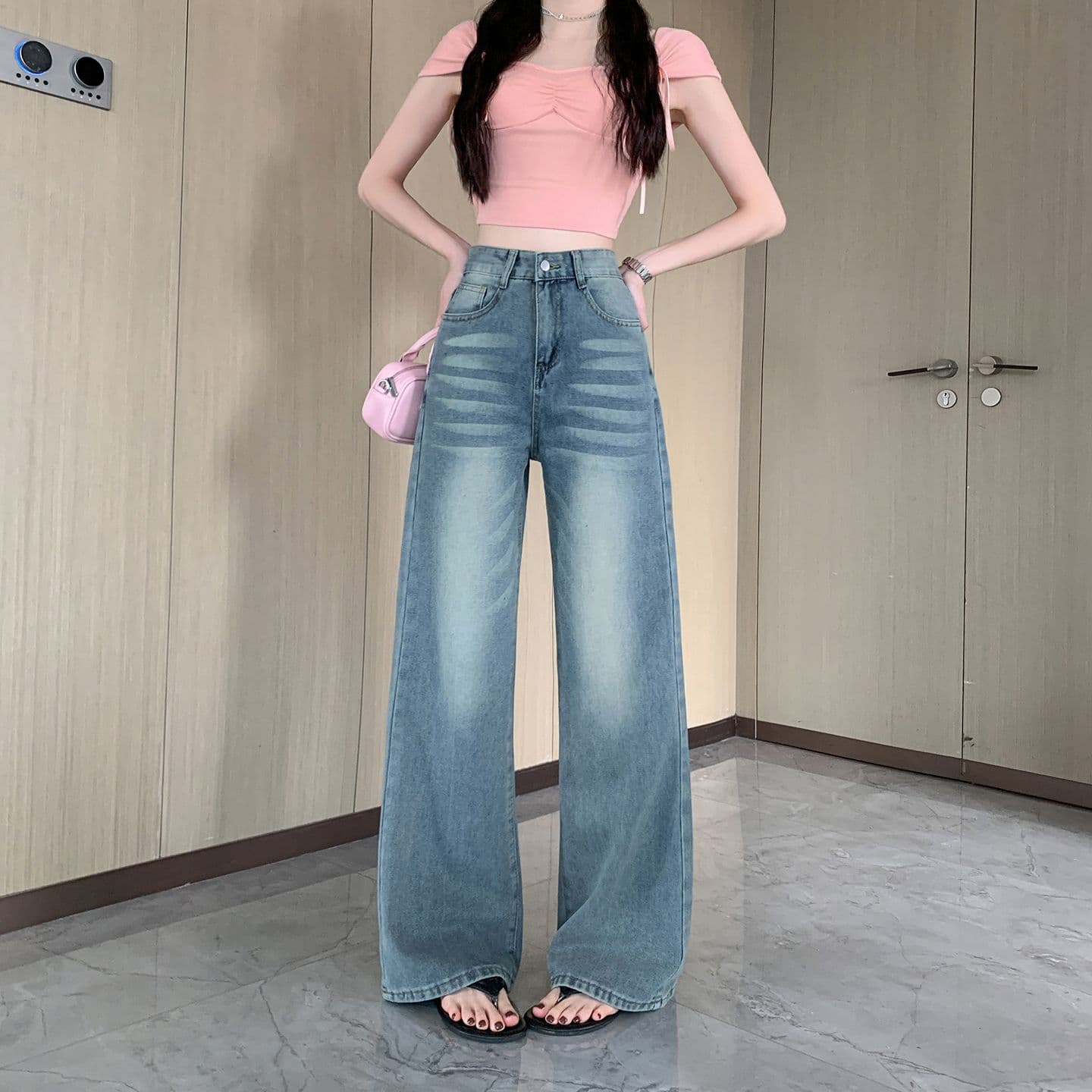 실사 정가 레트로 마 오래된 워싱 고양이 반드시 청바지 여성 디스플레이 높음 슬림해 보이는 루즈핏 마이크로 나팔 넓은 다리 길이 바지 상세 이미지 3