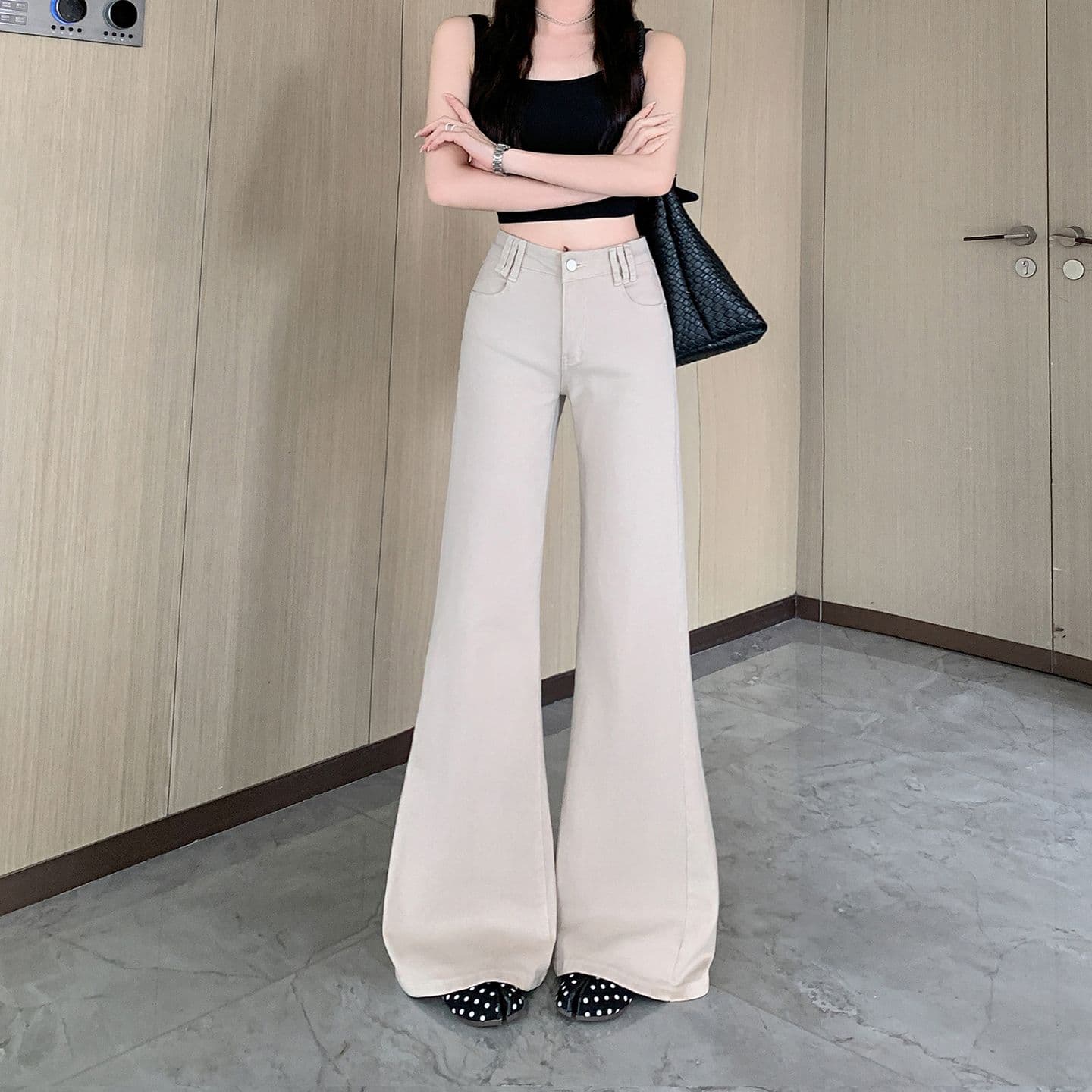 실사 정가 카키 색 아니요 막대기 다리 부츠컷 청바지 여성 여름 새로운 루즈핏 슬림해 보이는 나팔 바닥 청소 바지 이미지 2