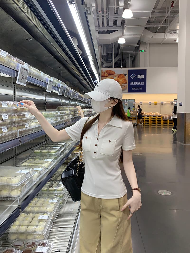 실사 200그램 순면 반팔 티셔츠 여성 여름 새로운 한 부서 디자인 센스 주머니 장식 POLO 칼라 맨위 상세 이미지 13