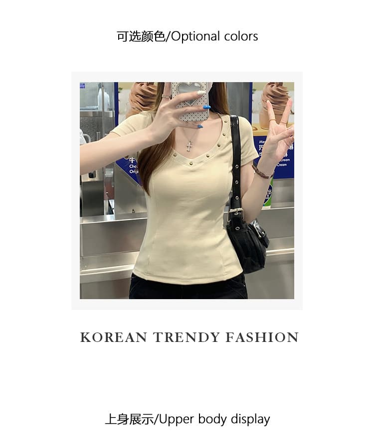 실사 반팔 티셔츠 여성 의류 여름 트렌디 새로운 긍정적 인 어깨 몸매 가꾸기 슬림해 보이는 한 부서 디자인 센스 징 V넥 맨위 상세 이미지 4