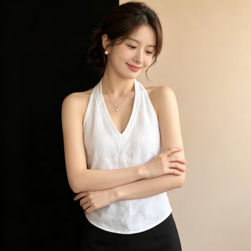 아름다운 핫걸 V넥 작은 슬링 조끼 여성 외출용 아름다움 뒤로 슈퍼 잘 생긴 행침 목 민소매 맨위 이미지 3