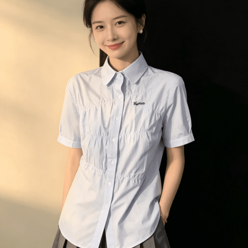파란색 반팔 여성 셔츠 여름 학원 스타일 달콤함 루즈핏 단색 셔츠 한 부서 고급 센스 주름 맨위 트렌디