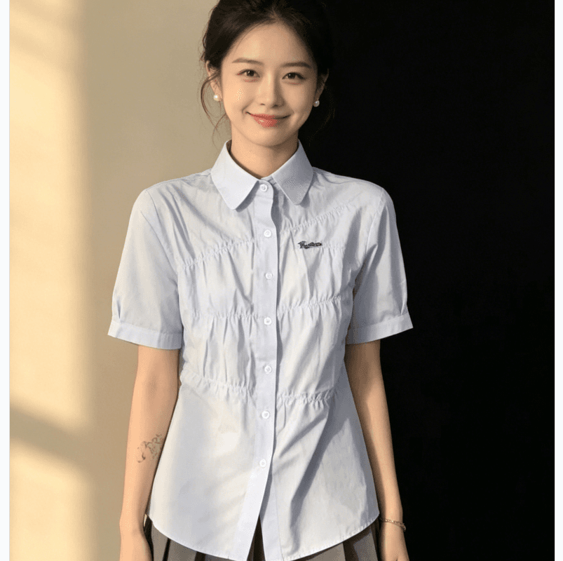파란색 반팔 여성 셔츠 여름 학원 스타일 달콤함 루즈핏 단색 셔츠 한 부서 고급 센스 주름 맨위 트렌디 상세 이미지 1