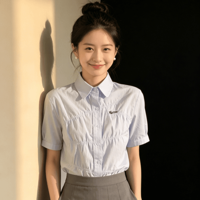 파란색 반팔 여성 셔츠 여름 학원 스타일 달콤함 루즈핏 단색 셔츠 한 부서 고급 센스 주름 맨위 트렌디 상세 이미지 5