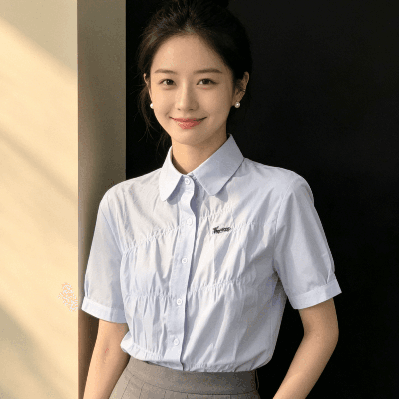 파란색 반팔 여성 셔츠 여름 학원 스타일 달콤함 루즈핏 단색 셔츠 한 부서 고급 센스 주름 맨위 트렌디 상세 이미지 6
