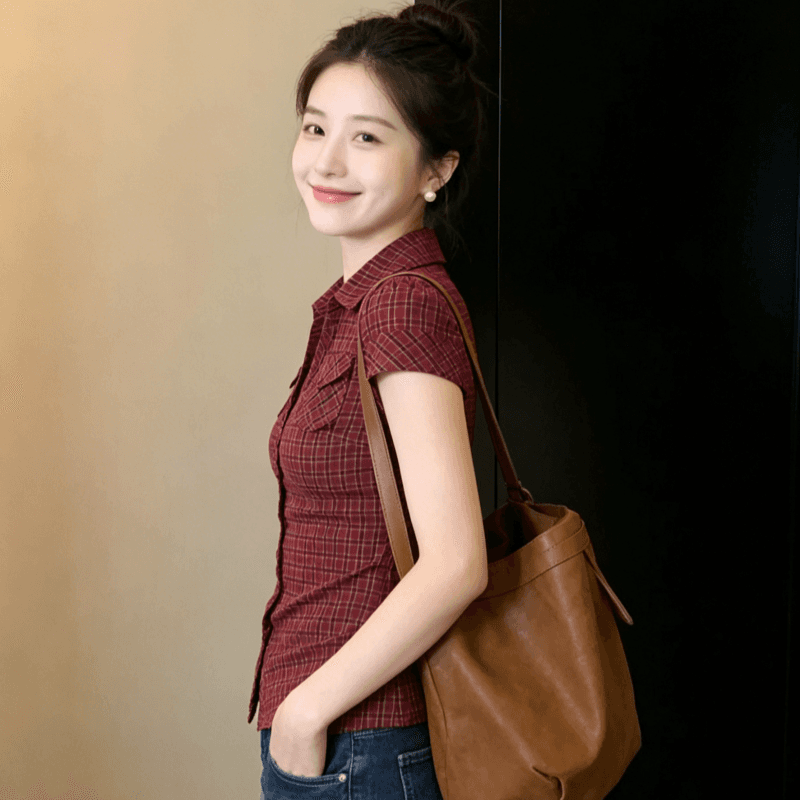한 부서 레트로 체크무늬 반팔 여성 셔츠 여름 새로운 작은 대중 디자인 학원 스타일 폴로 칼라 허리 수축 슬림해 보이는 맨위 이미지 4