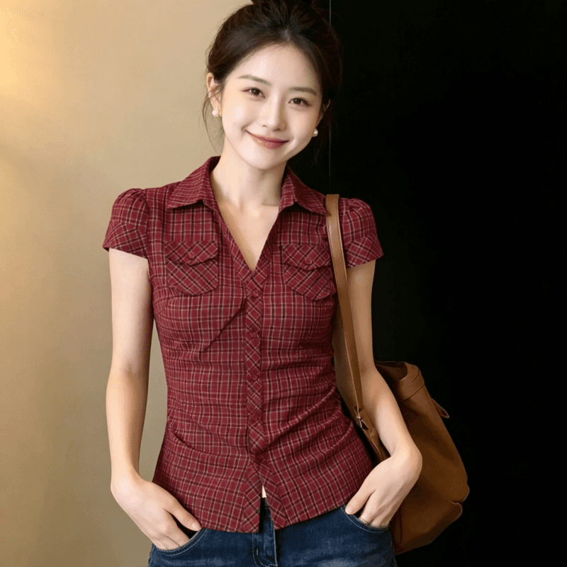 한 부서 레트로 체크무늬 반팔 여성 셔츠 여름 새로운 작은 대중 디자인 학원 스타일 폴로 칼라 허리 수축 슬림해 보이는 맨위 상세 이미지 2