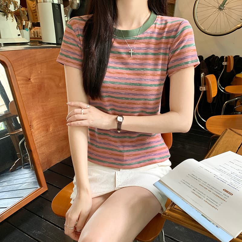 실사 200그램 스트라이프 반팔 티셔츠 여름 2026 새로운 트렌디 아메리칸 몸매 가꾸기 쇼트 스타일 배색 라운드 넥 맨위 여성 의류 상세 이미지 11
