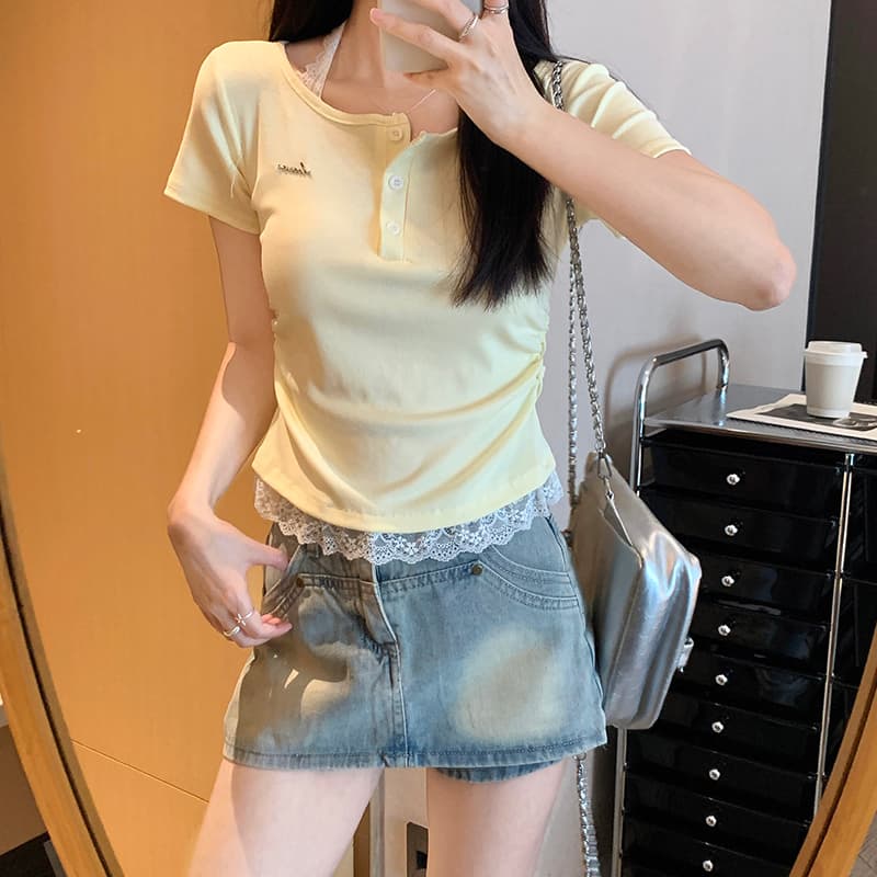 실사 2 2 모달 260 그램 반팔 티셔츠 여름 2026 새로운 레이스 행침 목 쇼트 스타일 라운드 넥 맨위 여성 의류 상세 이미지 11