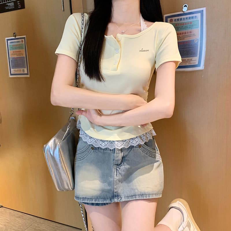 실사 2 2 모달 260 그램 반팔 티셔츠 여름 2026 새로운 레이스 행침 목 쇼트 스타일 라운드 넥 맨위 여성 의류 상세 이미지 15