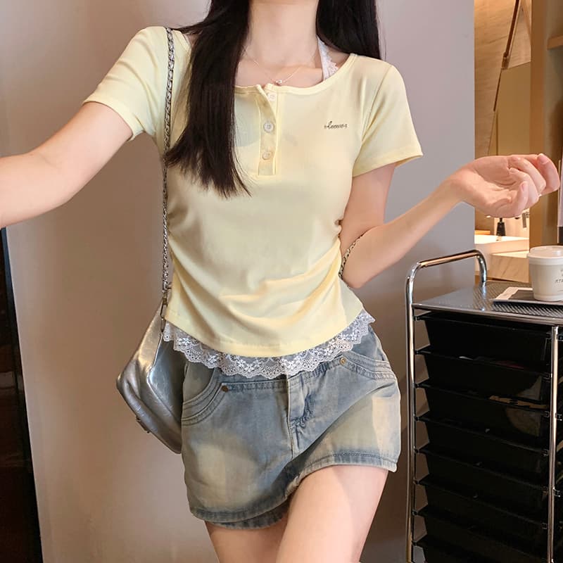 실사 2 2 모달 260 그램 반팔 티셔츠 여름 2026 새로운 레이스 행침 목 쇼트 스타일 라운드 넥 맨위 여성 의류 상세 이미지 18