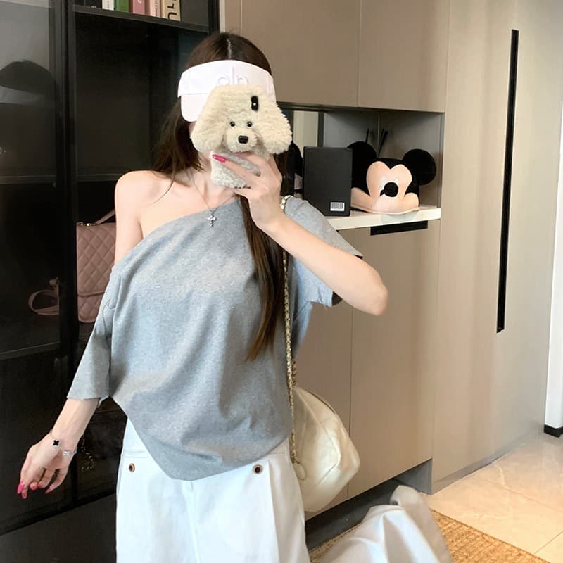 실사 1 1 리브 210 그램 반팔 티셔츠 여름 2026 새로운 루즈핏 오프숄더 트렌디 비스듬한 칼라 맨위 한국 스타일 여성 의류 이미지 5