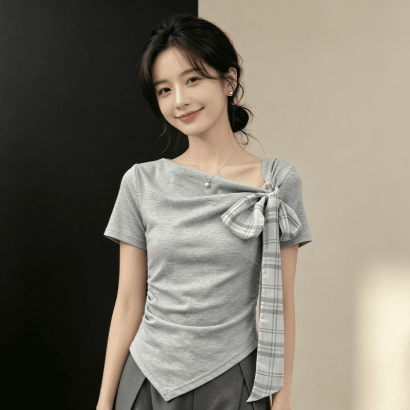 반팔 티셔츠 여성 의류 여름 새로운 쇼트 스타일 몸매 가꾸기 슬림해 보이는 트렌디 나비 매듭 디자인 센스 비스듬한 어깨 의류