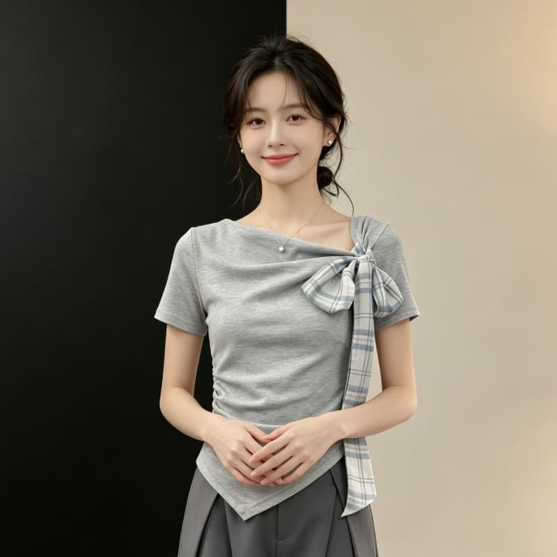 반팔 티셔츠 여성 의류 여름 새로운 쇼트 스타일 몸매 가꾸기 슬림해 보이는 트렌디 나비 매듭 디자인 센스 비스듬한 어깨 의류 상세 이미지 4