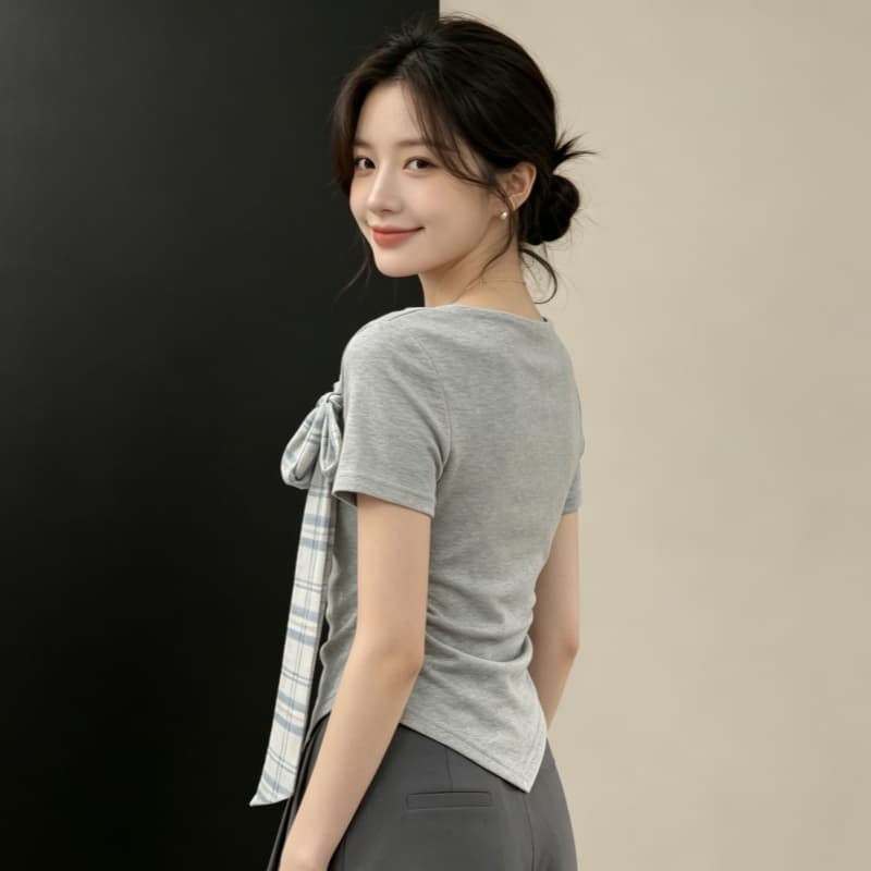 반팔 티셔츠 여성 의류 여름 새로운 쇼트 스타일 몸매 가꾸기 슬림해 보이는 트렌디 나비 매듭 디자인 센스 비스듬한 어깨 의류 상세 이미지 5