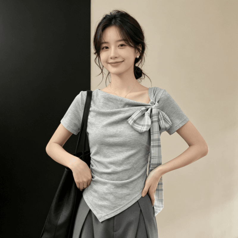 반팔 티셔츠 여성 의류 여름 새로운 쇼트 스타일 몸매 가꾸기 슬림해 보이는 트렌디 나비 매듭 디자인 센스 비스듬한 어깨 의류 상세 이미지 7