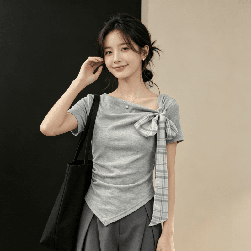 반팔 티셔츠 여성 의류 여름 새로운 쇼트 스타일 몸매 가꾸기 슬림해 보이는 트렌디 나비 매듭 디자인 센스 비스듬한 어깨 의류 상세 이미지 9