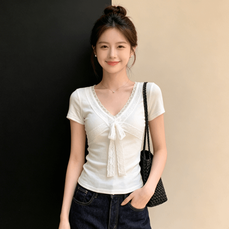 한 부서 순수한 욕망 바람 화이트 V넥 반팔 티셔츠 여성 여름 레이스 조각 스트랩 몸매 가꾸기 슬림해 보이는 달콤함 맨위 트렌디 이미지 5