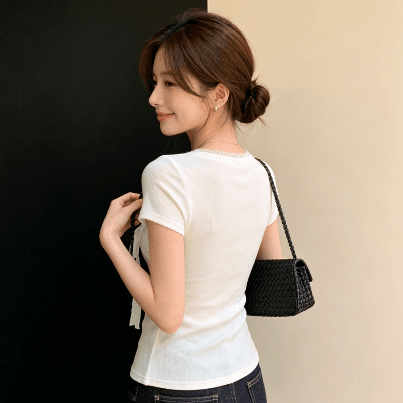 한 부서 순수한 욕망 바람 화이트 V넥 반팔 티셔츠 여성 여름 레이스 조각 스트랩 몸매 가꾸기 슬림해 보이는 달콤함 맨위 트렌디 이미지 3